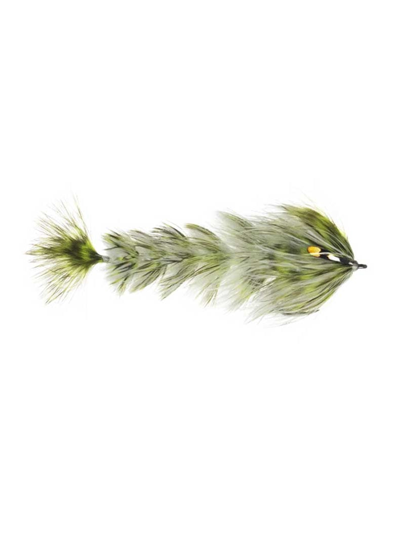 Close-up of Chocklett's Feather Game Changer fishing lure featuring layered green and gray feathers designed for musky fishing tackle.