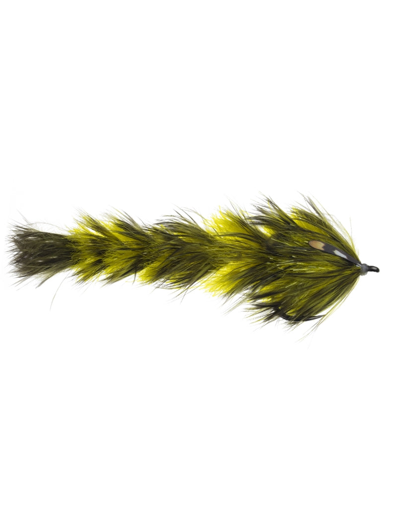 Chocklett's Feather Game Changer fishing lure featuring a long, segmented design with yellow and black feathers for musky fishing tackle.