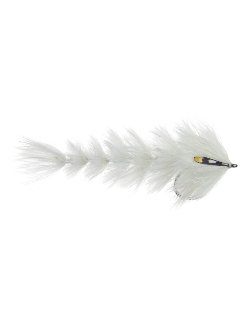 Chocklett's Feather Game Changer fishing lure with white feather design and small yellow and black accent, ideal for musky fishing tackle.